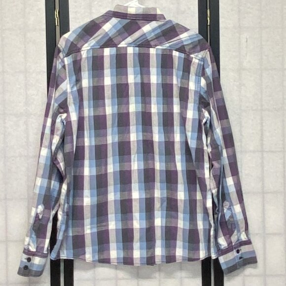 Eighty Eight Long Sleeve Collared Button Up Flap Pocket Plaid Shirt Purple Blue - Picture 2 of 11